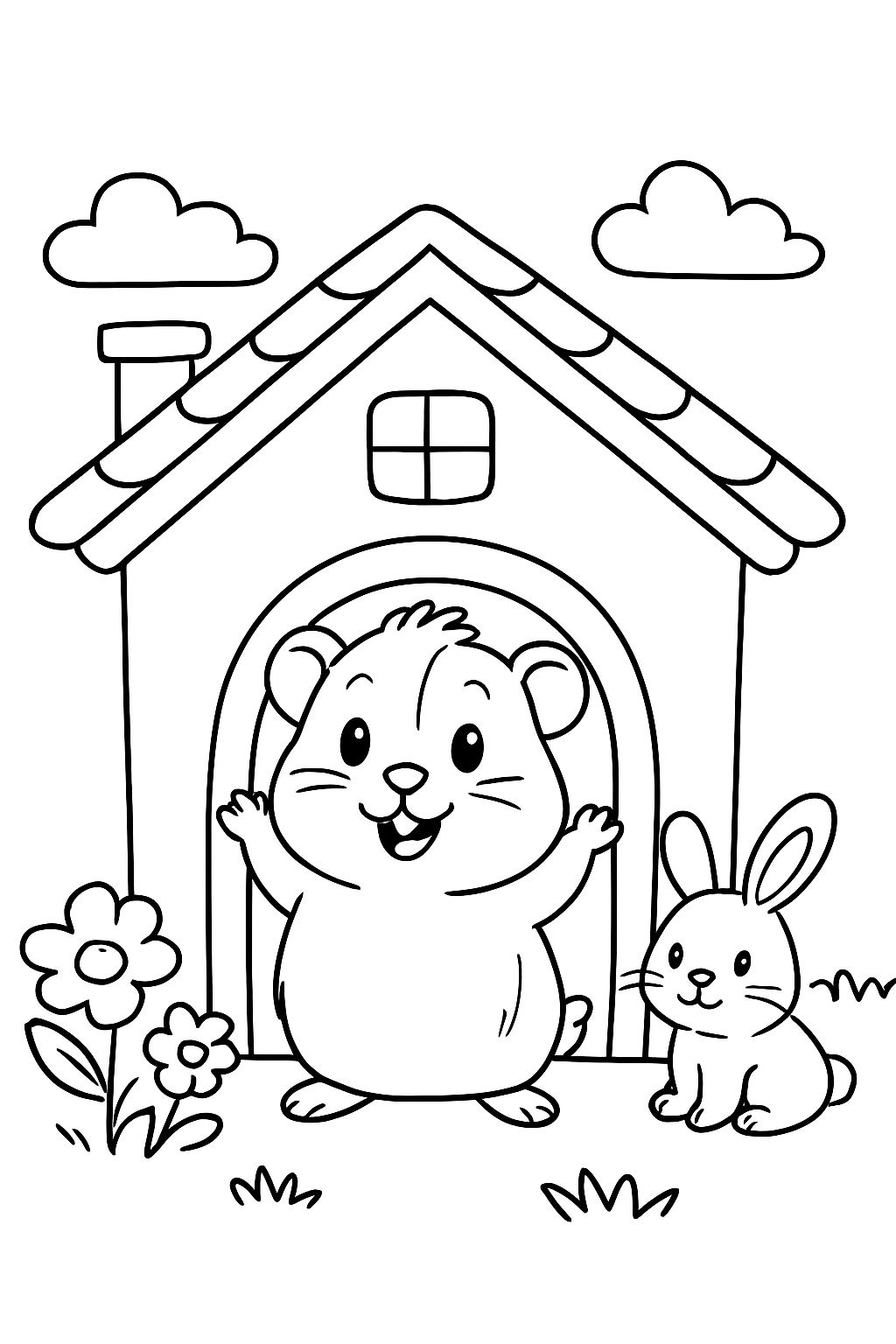 a guinea pig in a house with a gable roof and a small pet a guinea pig in a house with a gable roof and a small pet