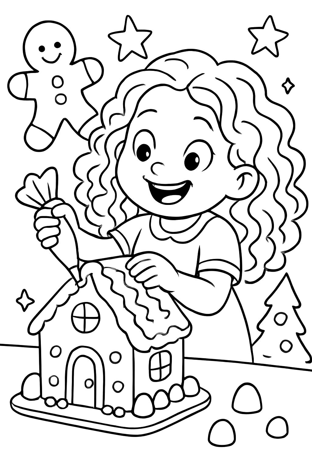 Menina de 3 anos, cabelo longo e cacheado, decorando uma casa de gengibre.