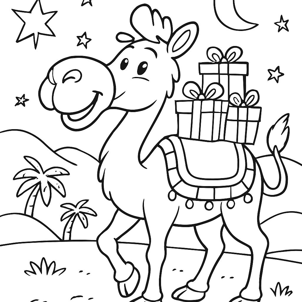 Día de Reyes (Le jour des Rois, Mexique/Espagne) : Un grand chameau amical portant une simple couverture décorée, portant trois petits cadeaux emballés sur son dos. Día de Reyes (Le jour des Rois, Mexique/Espagne) : Un grand chameau amical portant une simple couverture décorée, portant trois petits cadeaux emballés sur son dos.