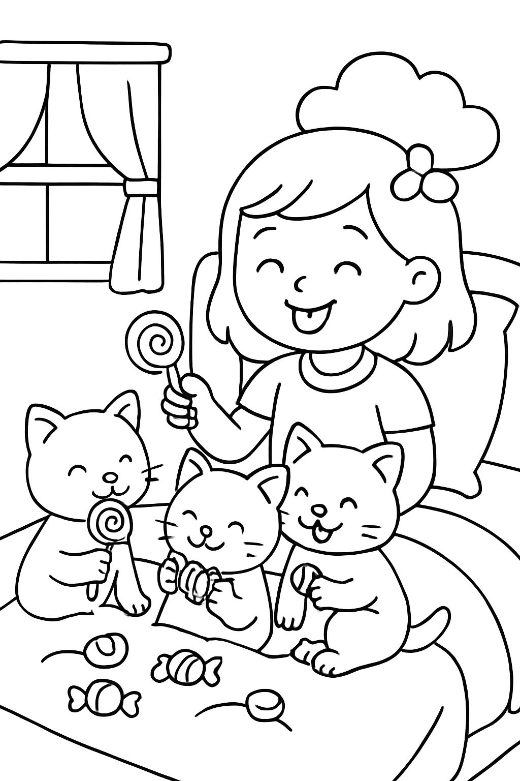 Three little kittens eating candy on a little girl's bed.