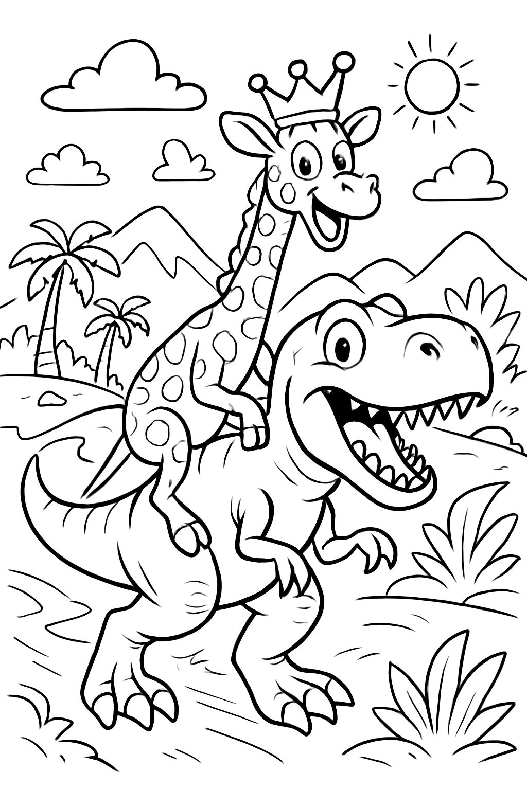 a dinosaur with a giraffe wearing a crown