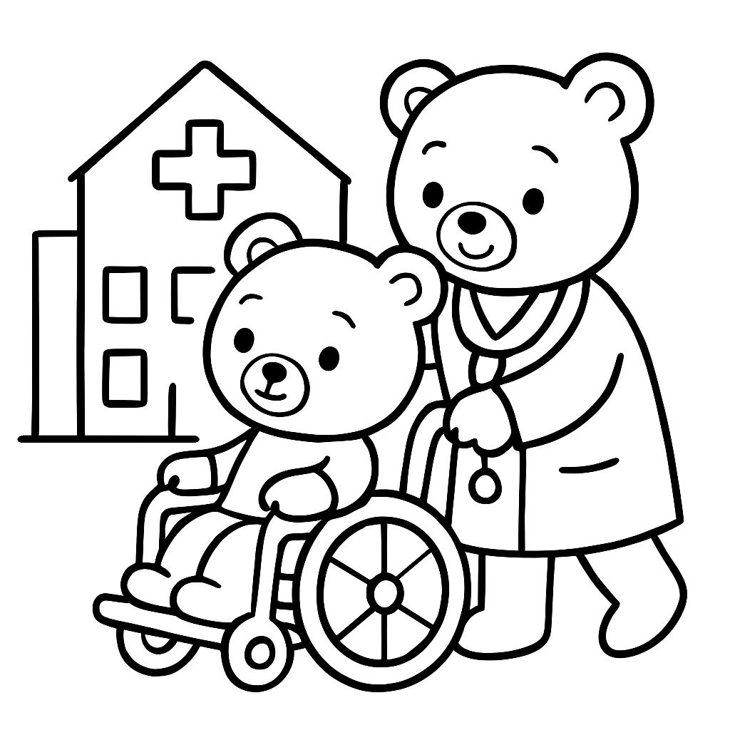 a little bear being rolled to the hospital in a wheelchair by a nice bear doctor a little bear being rolled to the hospital in a wheelchair by a nice bear doctor