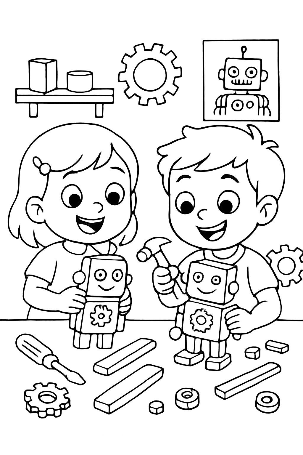 2 enfants fabriquent de petits robots en bois avec des engrenages 2 enfants fabriquent de petits robots en bois avec des engrenages