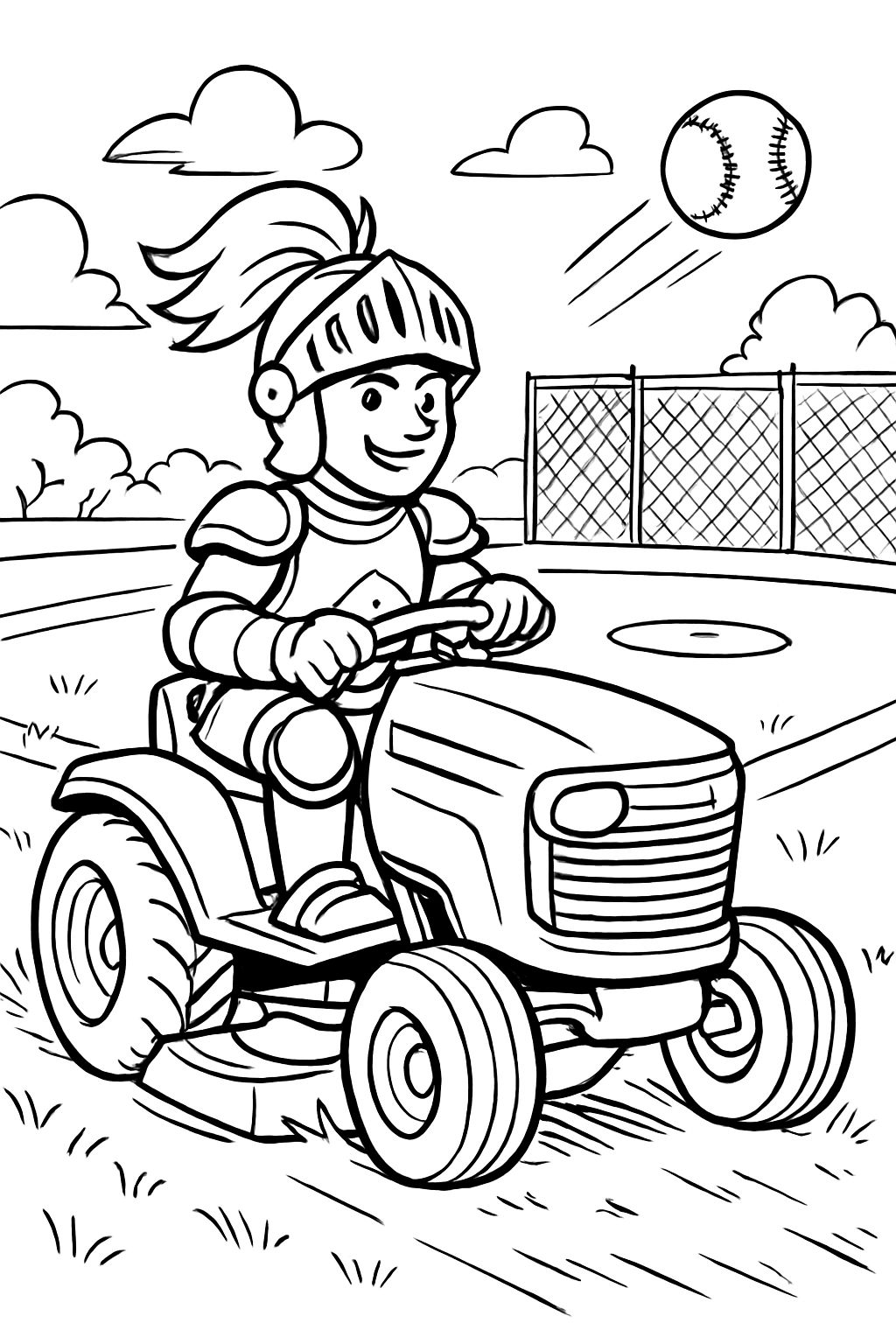 A knight sitting in a tractor instead of a horse and mowing a baseball field.