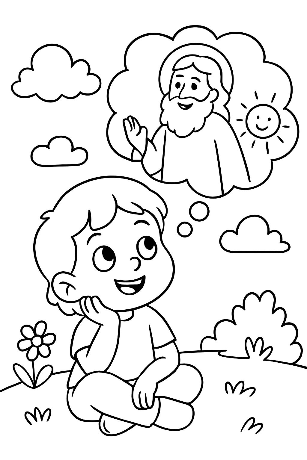 Un enfant assis à penser à Dieu.