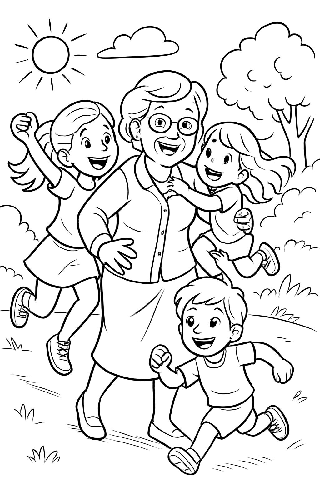 A drawing of a grandmother with three grandchildren, two girls, one older and one younger, and a medium-sized boy.