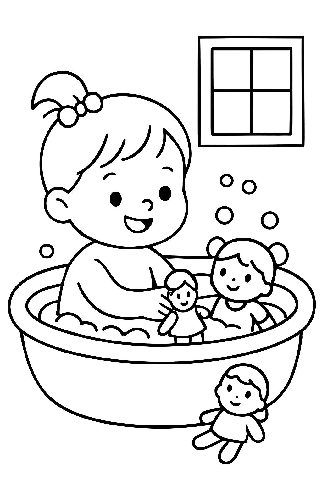 Bébé fille dans un bain jouant avec ses poupées.