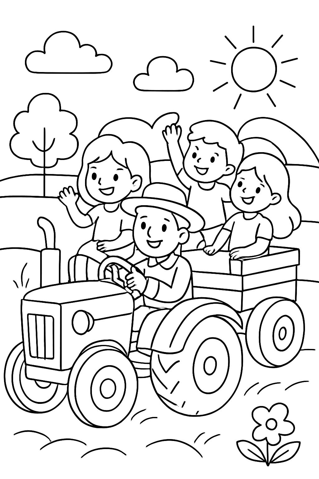 zwei Mädchen und zwei Jungs fahren auf einem Traktor zwei Mädchen und zwei Jungs fahren auf einem Traktor