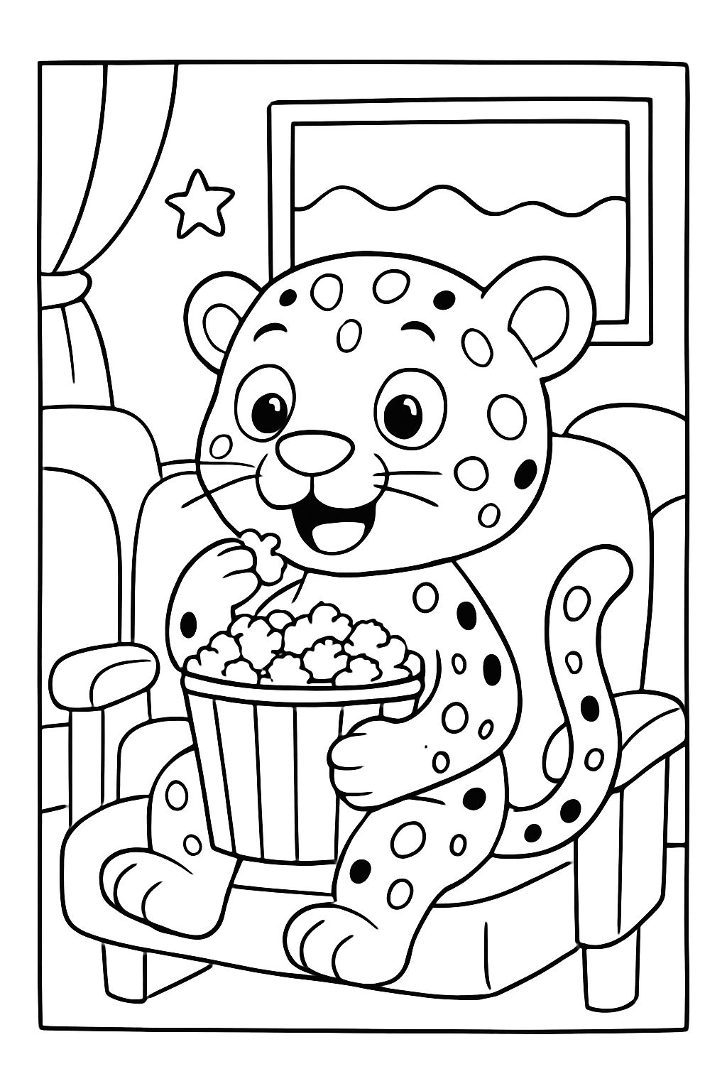 Um leopardo no cinema assistindo a um filme e comendo pipoca.