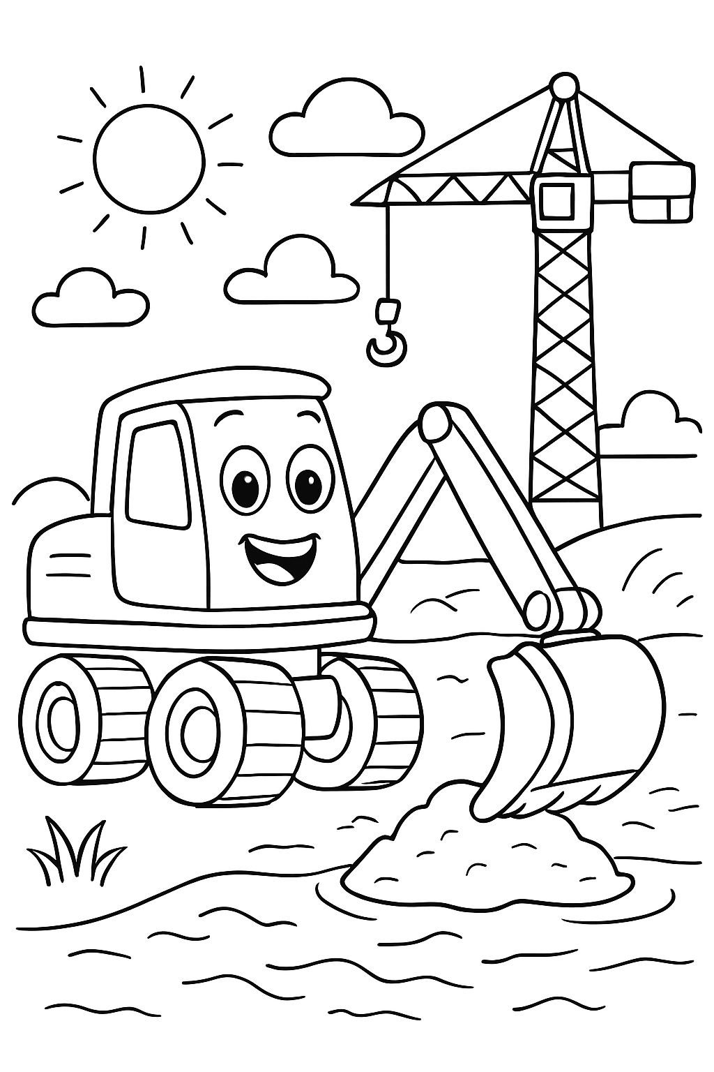 a digger, crane, and water