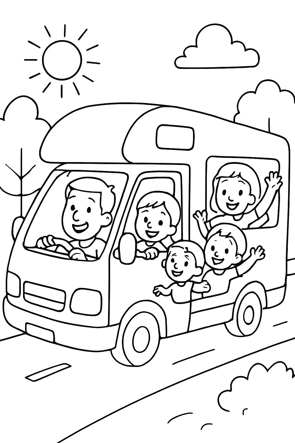 A family of five traveling on vacation in their RV. The dad is driving in front. The mom is in the back with the three kids. With the boy (5 years old), the girl (3 years old), and the youngest (1 year old).