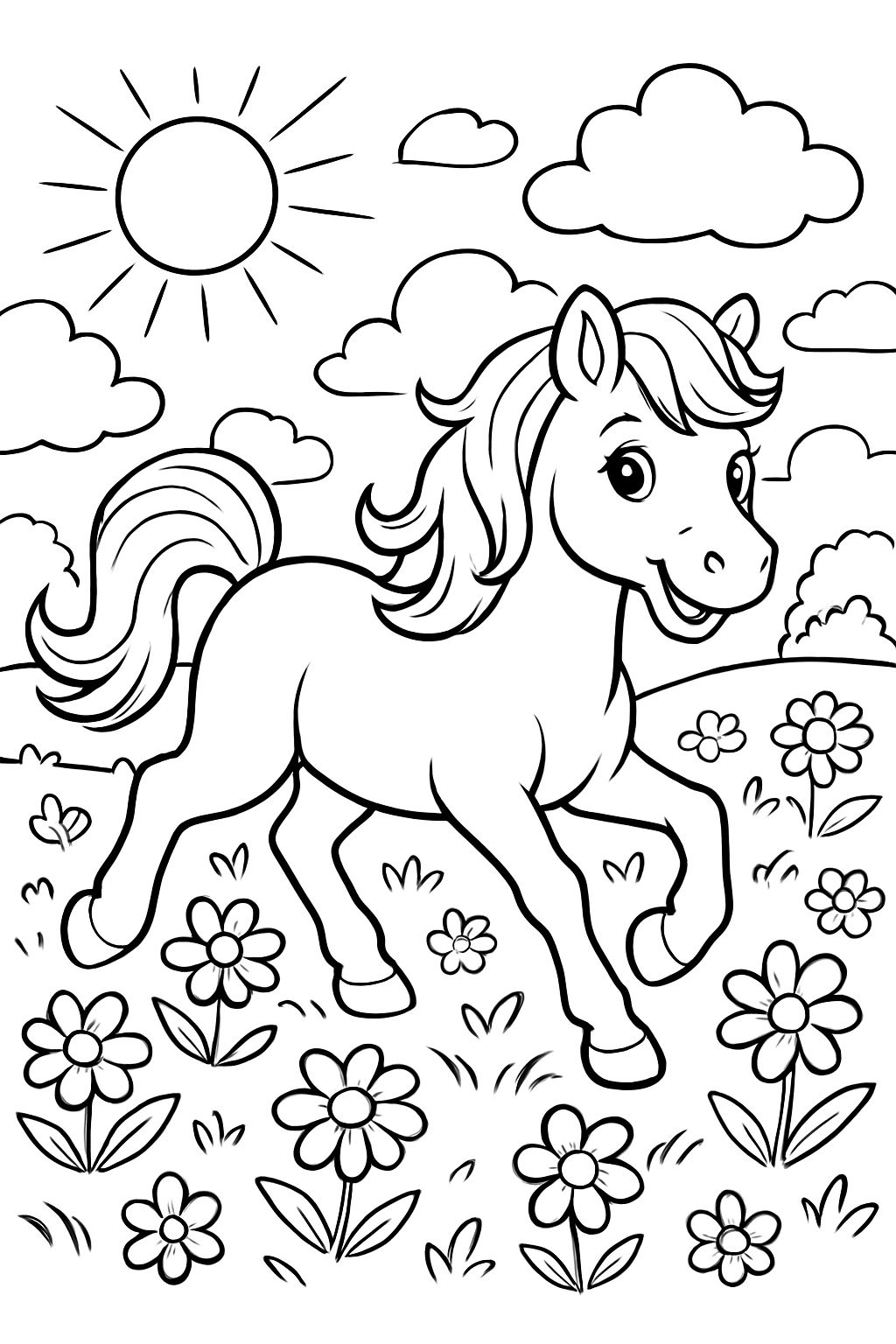 un poney dans une prairie avec des fleurs