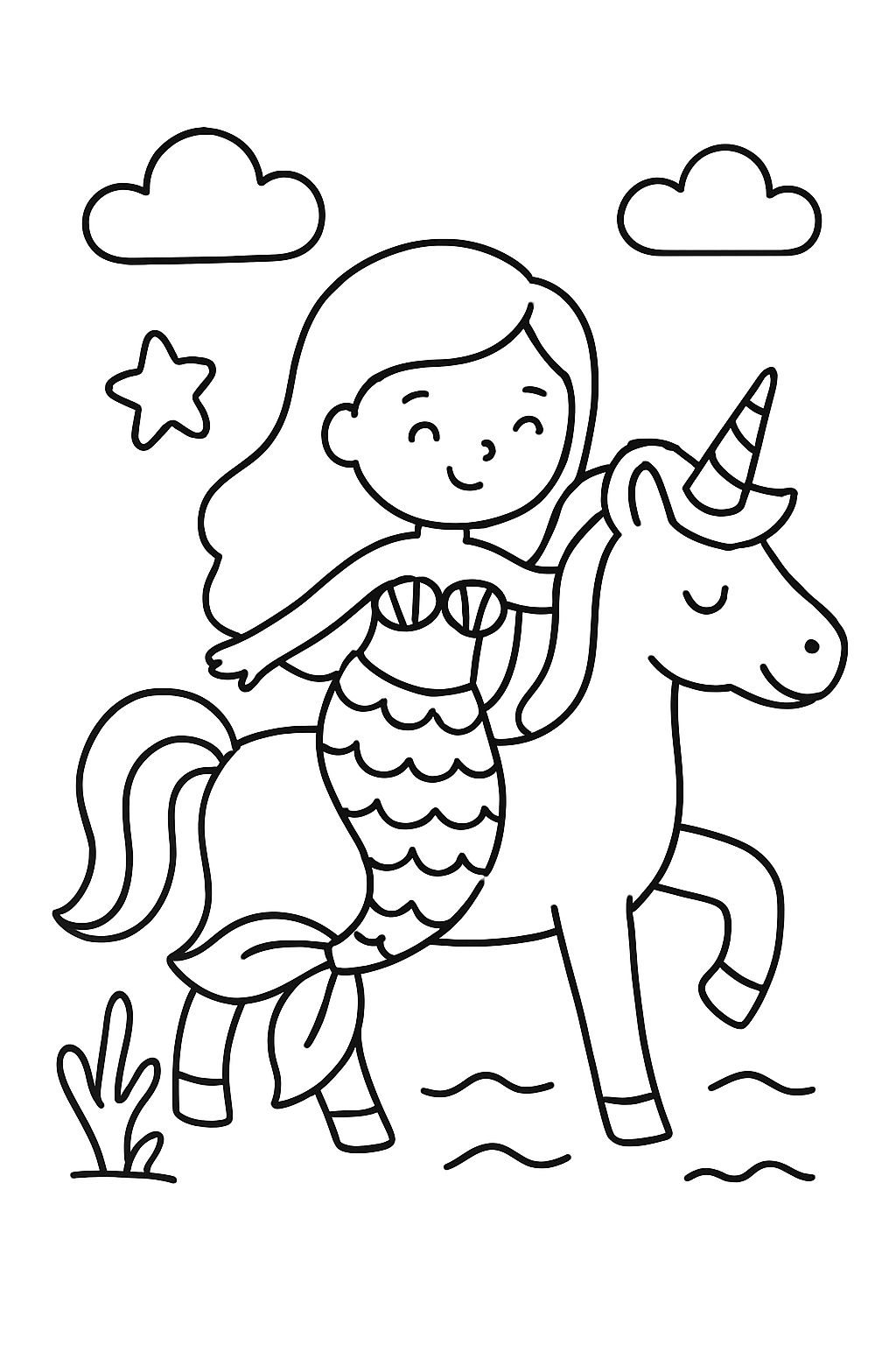 Une sirène chevauchant une licorne.