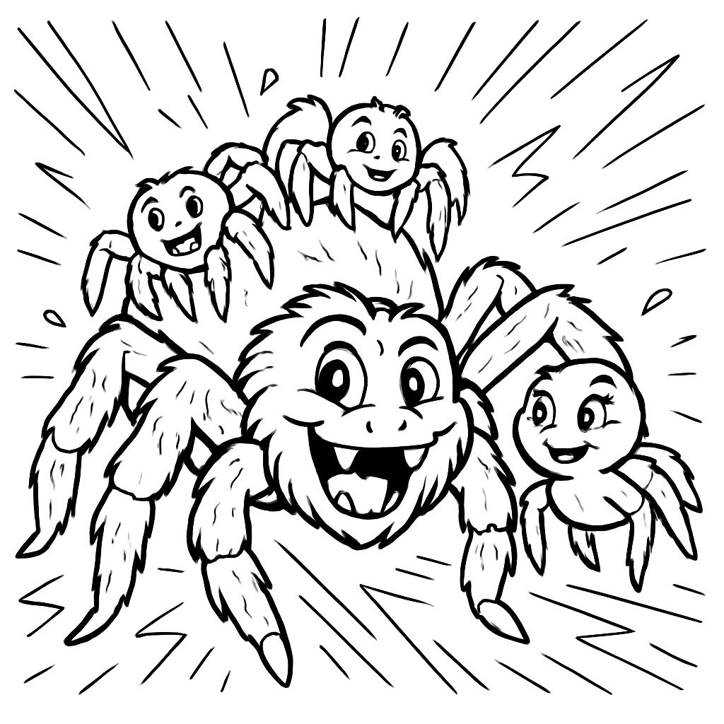 una familia de tarántulas. El papá es grande con patas peludas, la mamá está a su derecha, y las dos pequeñas arañas están sobre el cuerpo del papá. una familia de tarántulas. El papá es grande con patas peludas, la mamá está a su derecha, y las dos pequeñas arañas están sobre el cuerpo del papá.