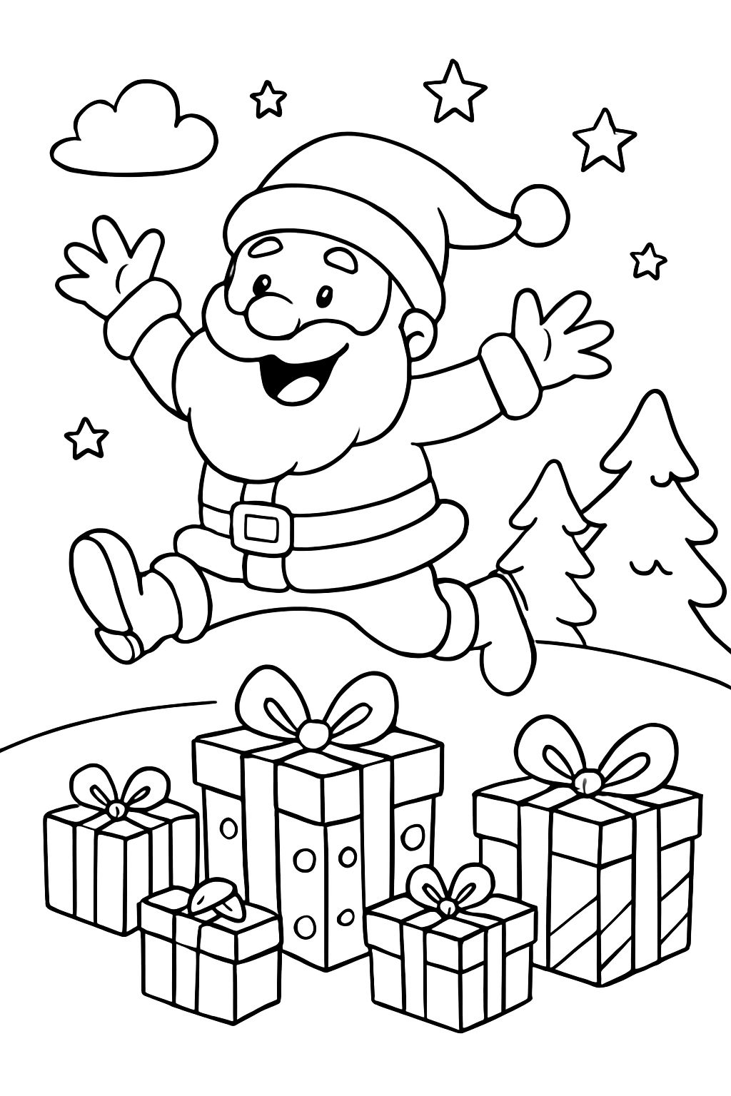 Le Père Noël saute par-dessus des cadeaux Le Père Noël saute par-dessus des cadeaux