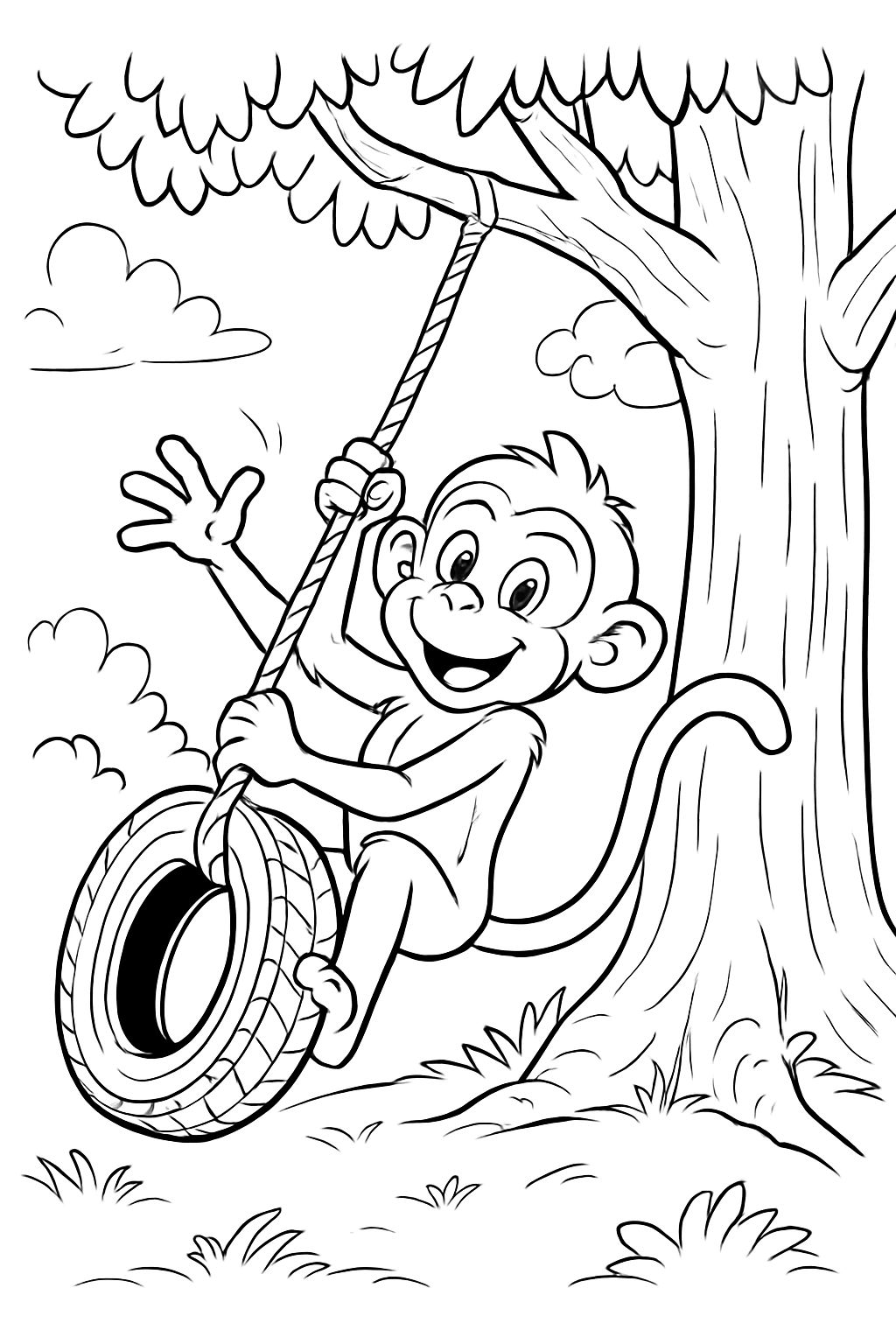 Einen Affen der auf einer Reifenschaukel schaukelt und die Schaukel hängt an einem Baum