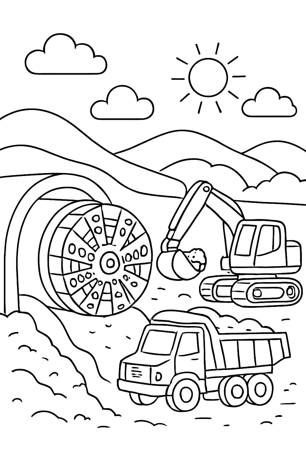 A construction site for a tunnel in side view, with a tunnel boring machine at work, trucks, and excavators A construction site for a tunnel in side view, with a tunnel boring machine at work, trucks, and excavators
