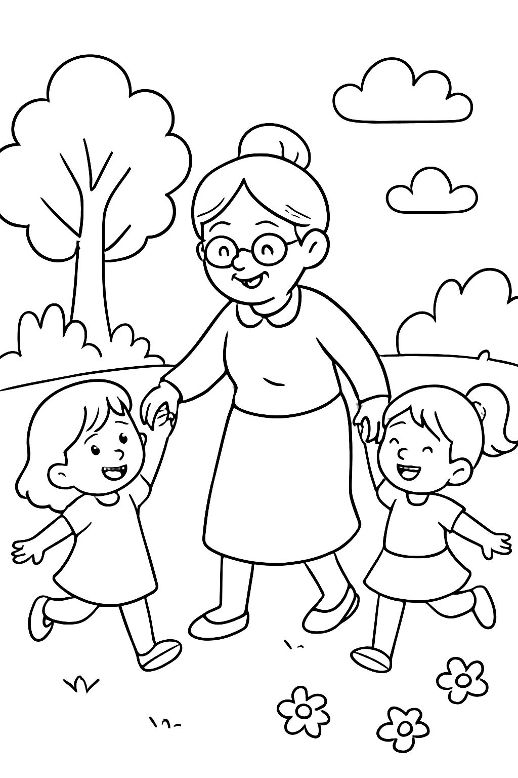 Grand-mère jouant avec 2 petites-filles Grand-mère jouant avec 2 petites-filles