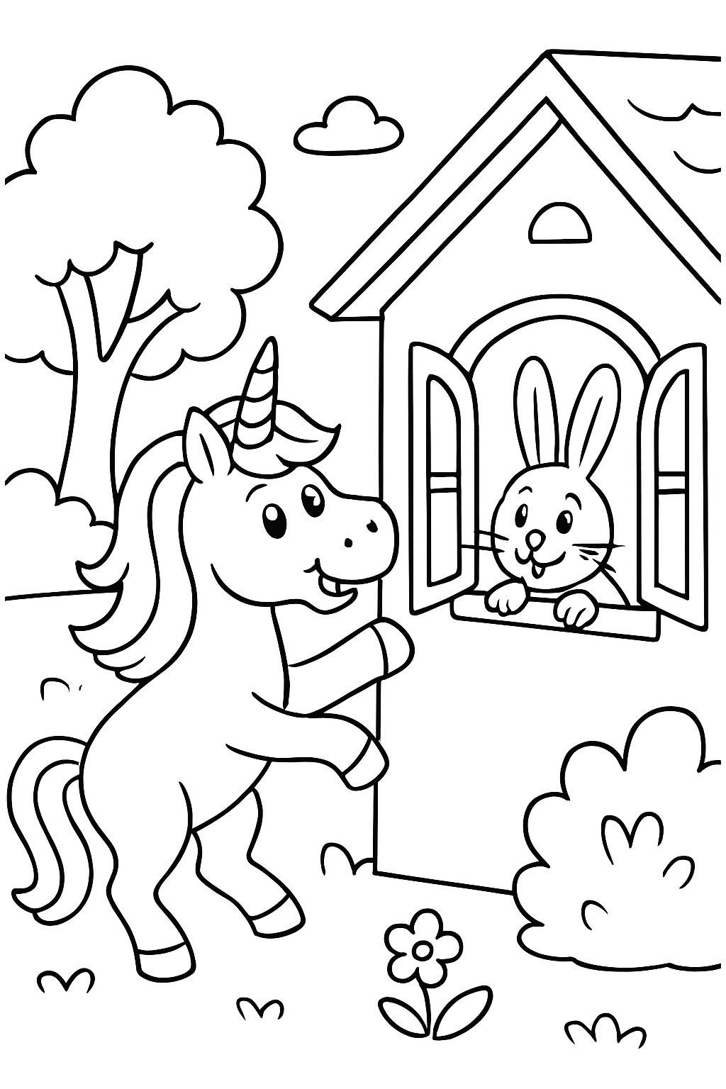 Licorne grimpant dans une maison avec des lapins