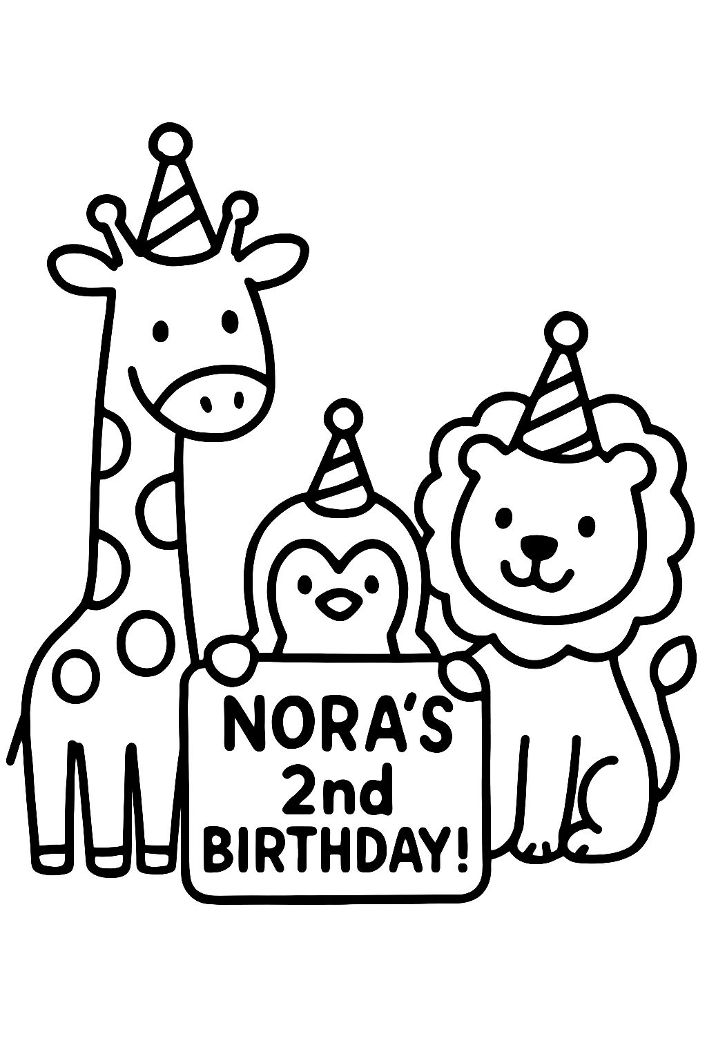 Uma girafa, um pinguim e um leão usando chapéus de festa e celebrando o 2º aniversário da Nora! Uma girafa, um pinguim e um leão usando chapéus de festa e celebrando o 2º aniversário da Nora!