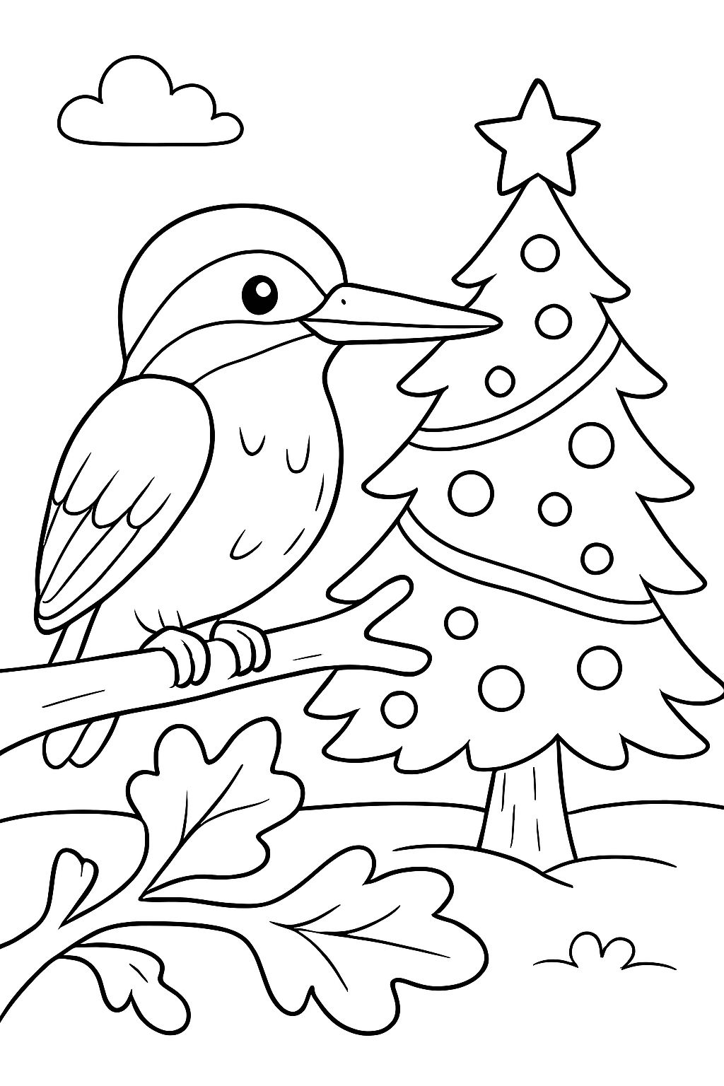 Un martinet assis sur un chêne à côté d'un sapin décoré