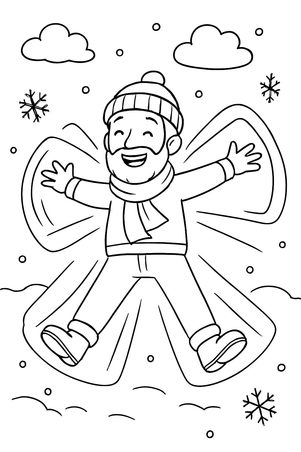 un homme adulte avec une barbe faisant un ange en neige