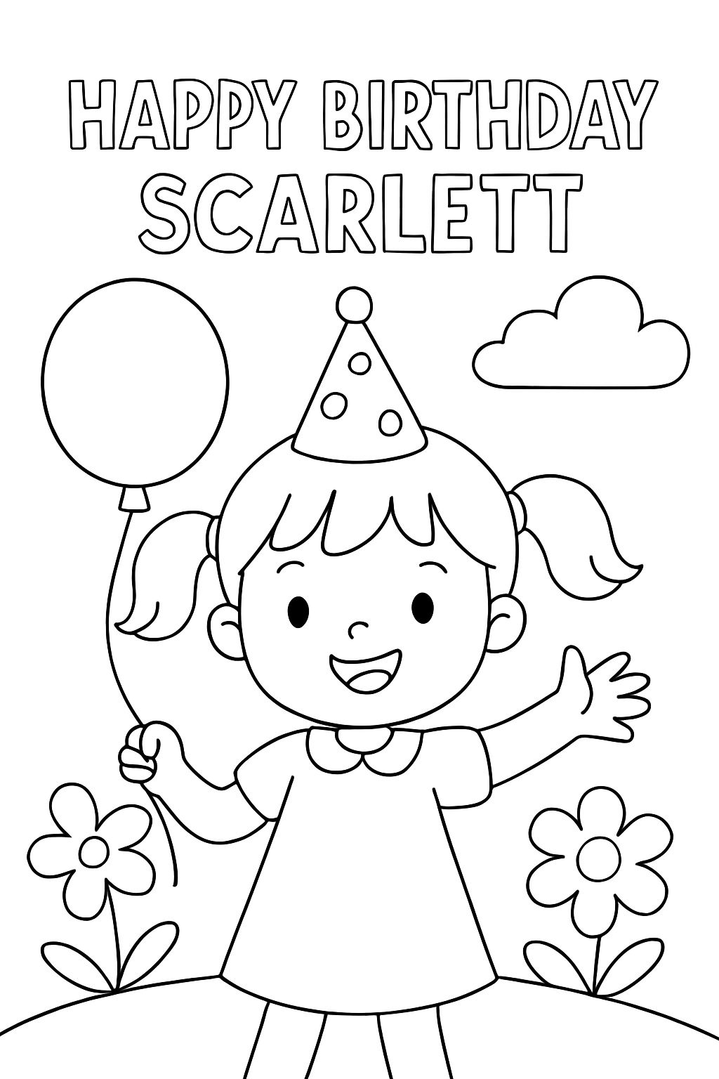 A baby girl with short pig tails “Happy Birthday Scarlett”