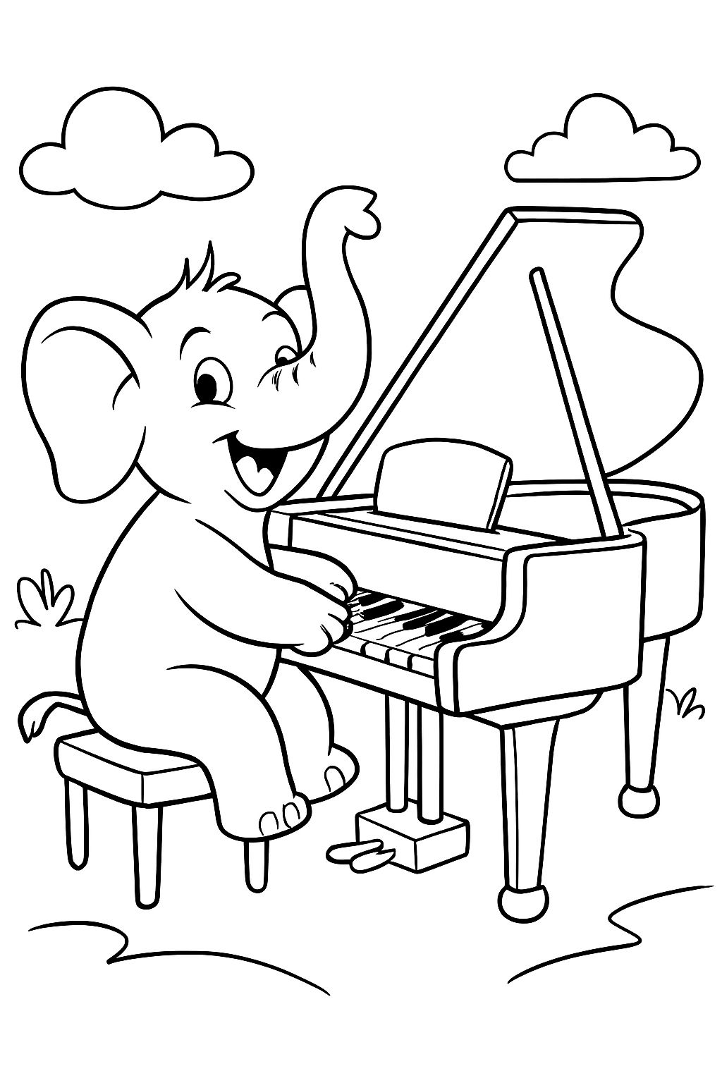 Um elefante tocando um piano de cauda.