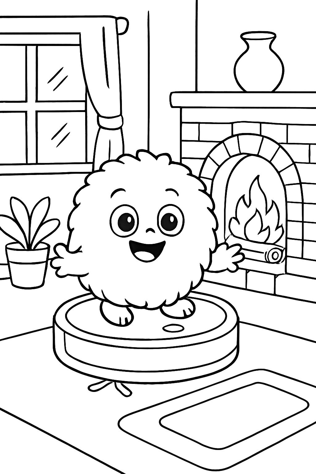 Une créature moelleuse et ronde qui vit dans un robot aspirateur et est assise près du poêle en faïence Une créature moelleuse et ronde qui vit dans un robot aspirateur et est assise près du poêle en faïence