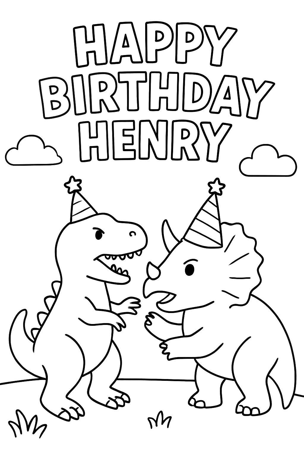 Two dinosaurs fighting with birthday hats and it says 'Happy Birthday Henry' Two dinosaurs fighting with birthday hats and it says 'Happy Birthday Henry'