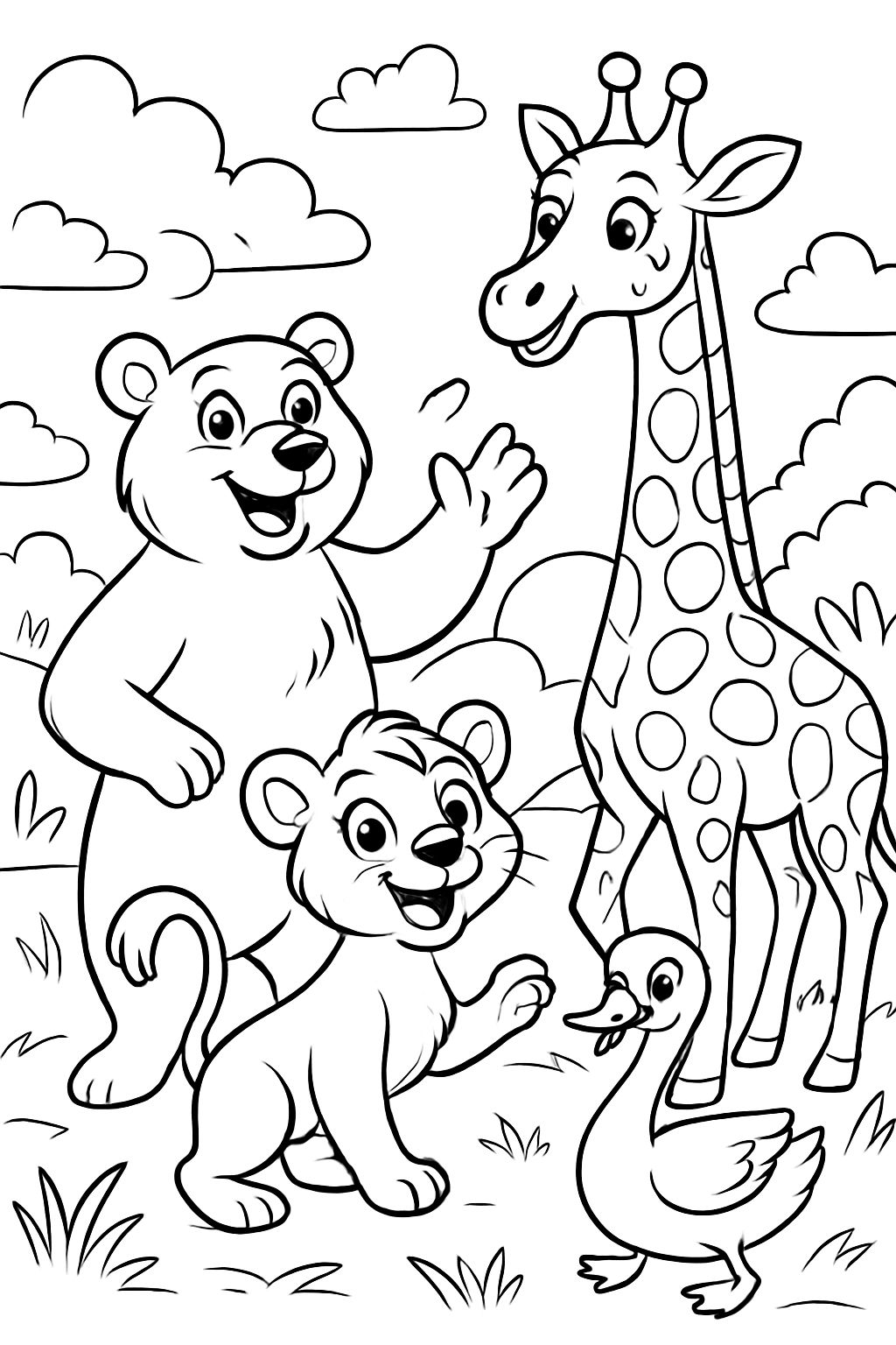 A family of four: A mama bear, a papa giraffe, a big sister lion and a little sister swan.