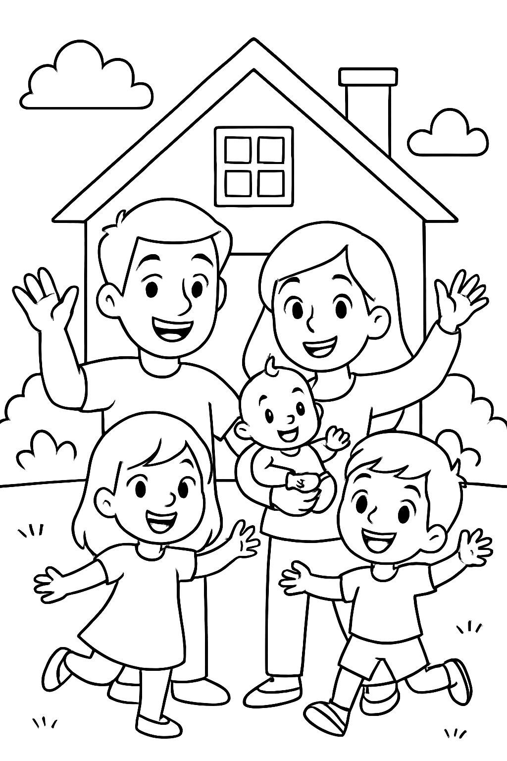 A house with a family: father, mother, a girl, a boy, and a baby A house with a family: father, mother, a girl, a boy, and a baby