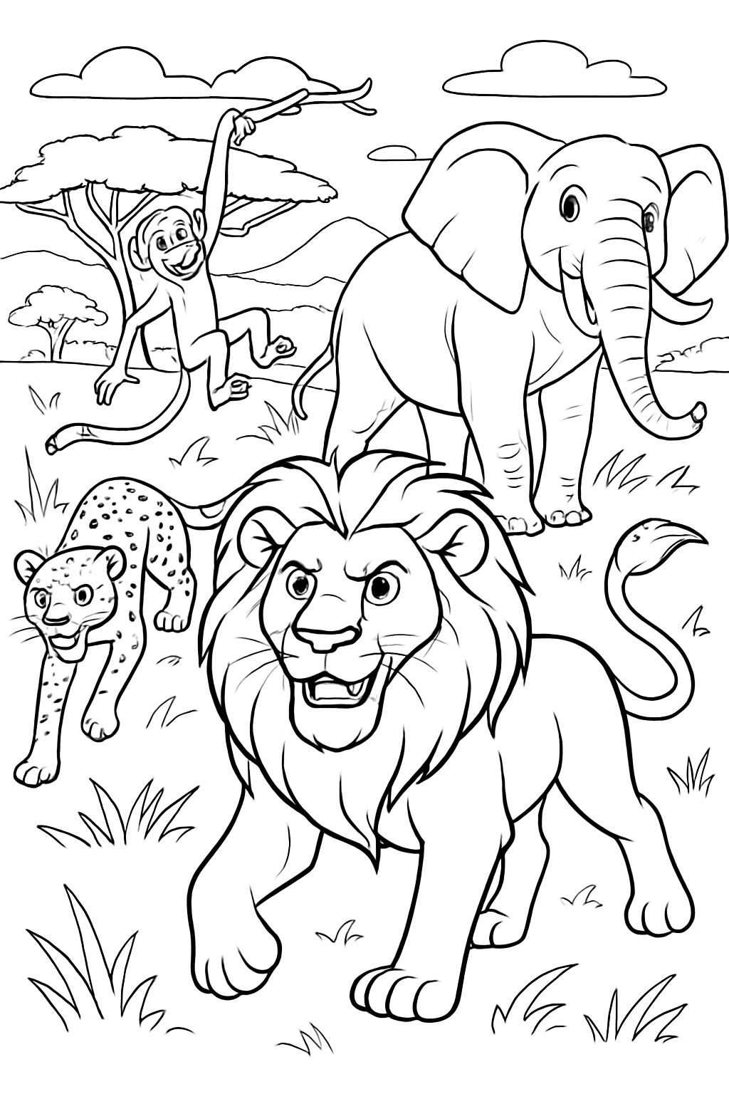 African animals including lions, cheetahs, elephants, and monkeys