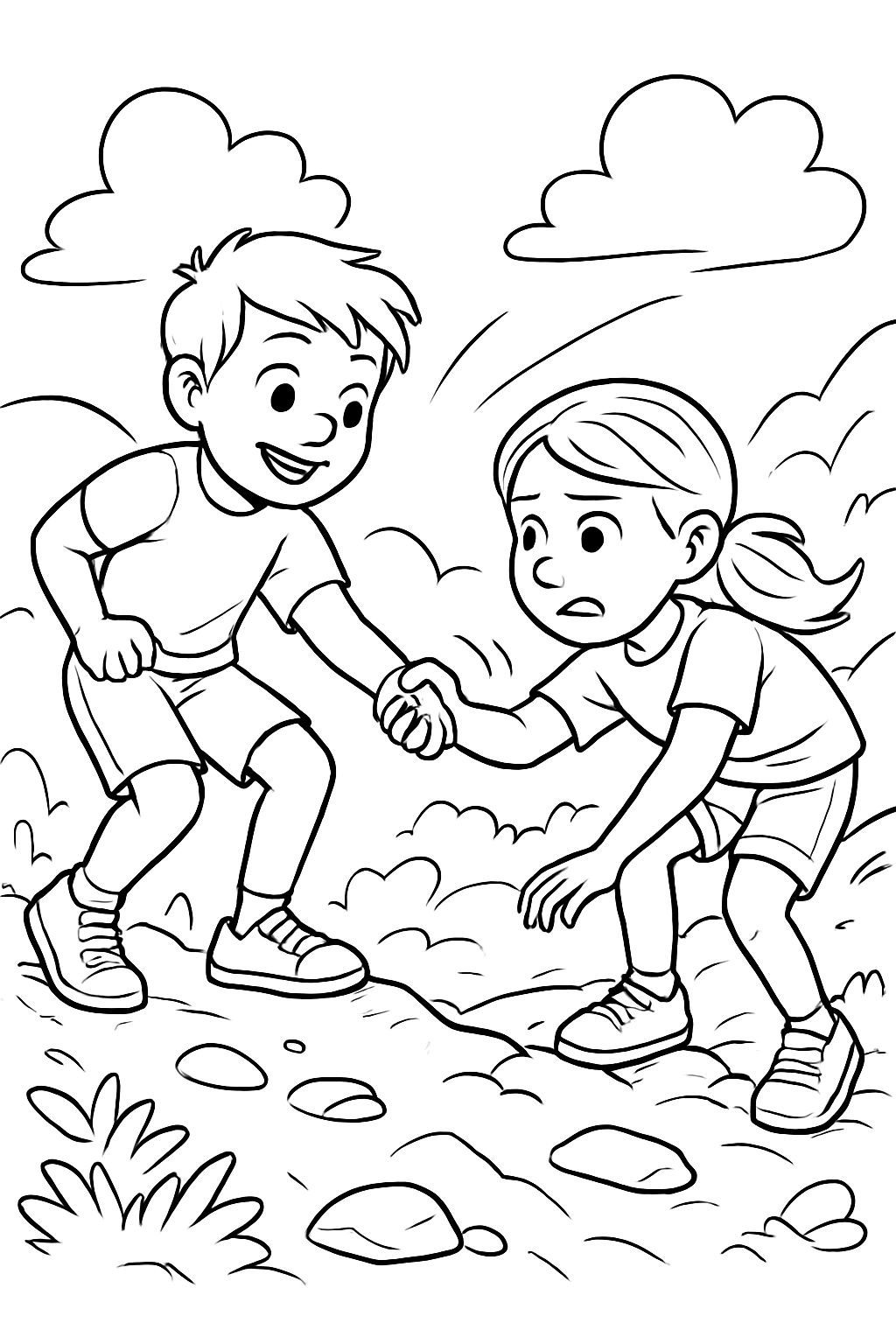 Ein Kind hilft einem anderen Kind bei einer anstrenden Aufgabe Ein Kind hilft einem anderen Kind bei einer anstrenden Aufgabe