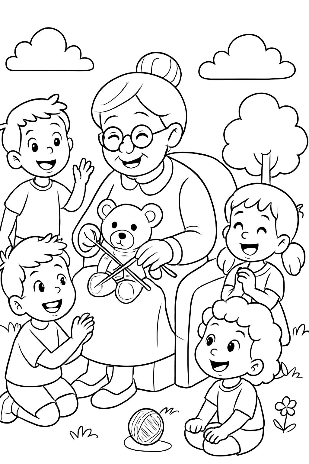 Eine Oma strickt für 4 Kinder einen Bären