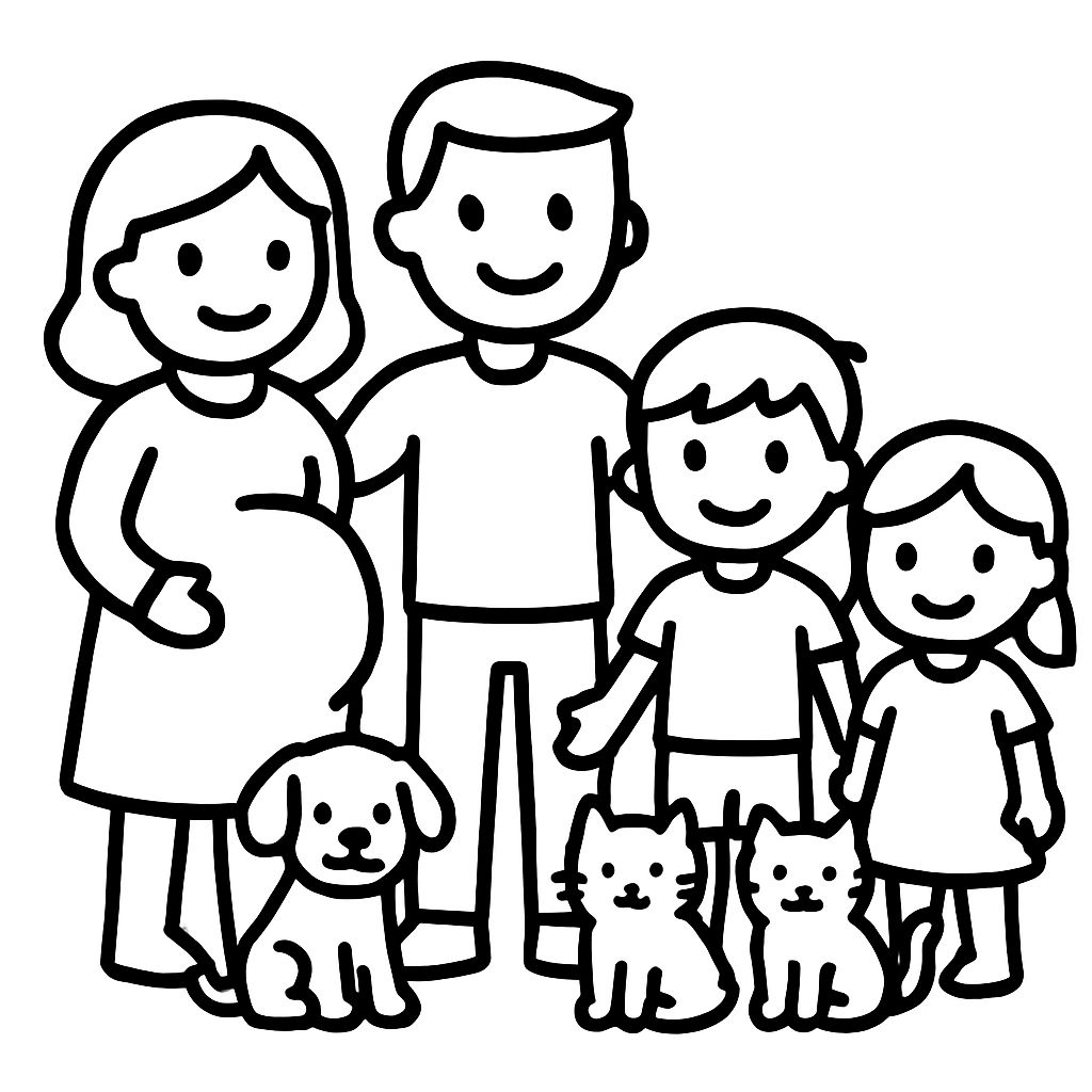 Une famille avec une maman enceinte, un papa, un grand garçon, une fille, un chiot et deux chats. Une famille avec une maman enceinte, un papa, un grand garçon, une fille, un chiot et deux chats.