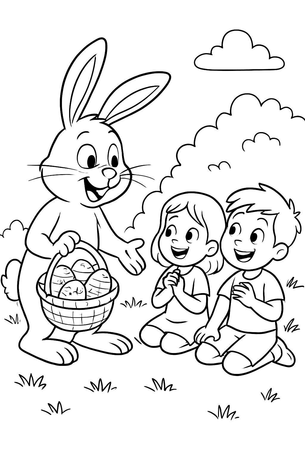 Osterhase der zu wartenden sitzenden kindern kommt mit ostereiern