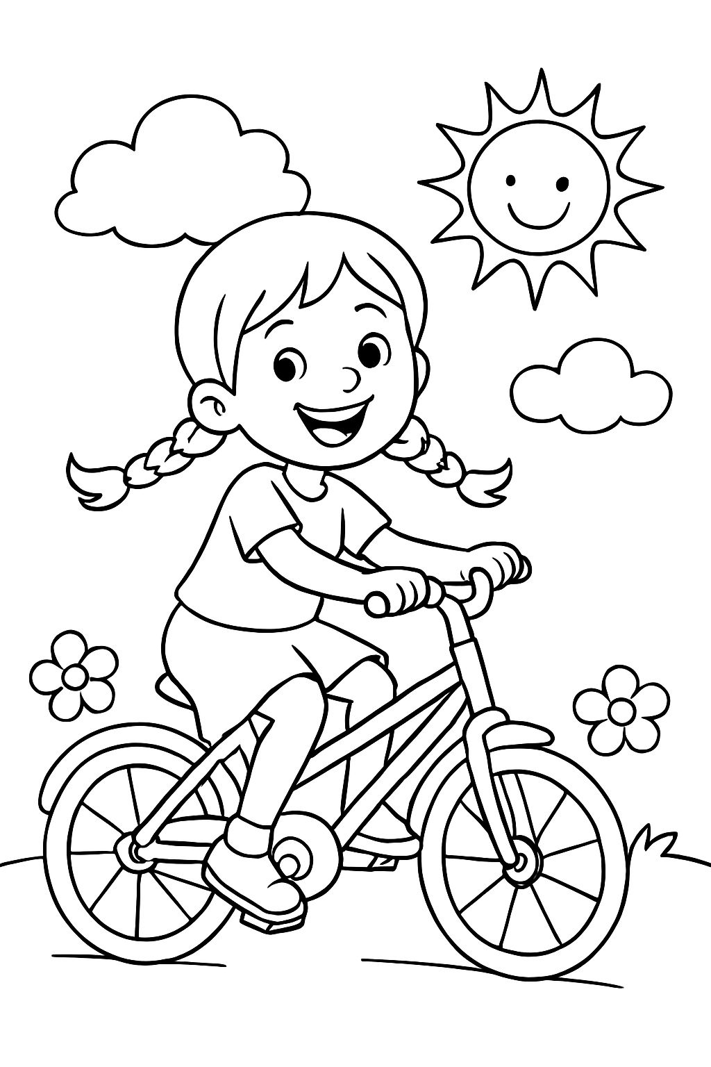 uma menina com duas tranças pode andar de bicicleta sozinha e está feliz