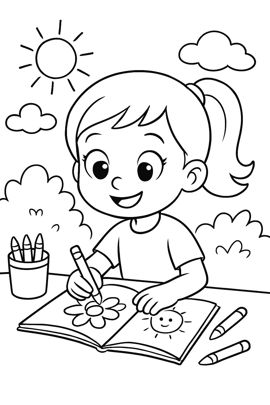 Fille de 6 ans avec une queue de cheval coloriant calmement. Fille de 6 ans avec une queue de cheval coloriant calmement.