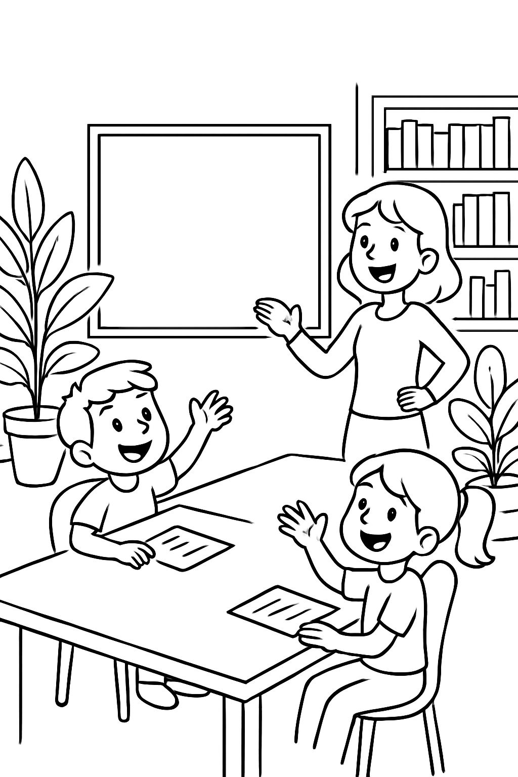 a conference room with plants and a library