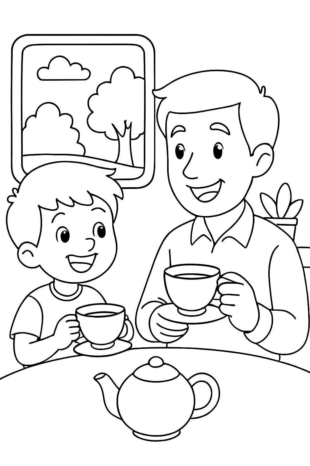 Child drinking tea with their dad.