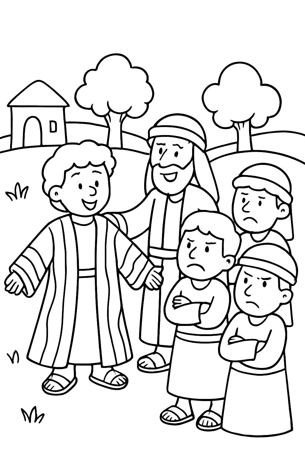 Bible story: Joseph receives a new colorful coat from his father and his brothers are envious