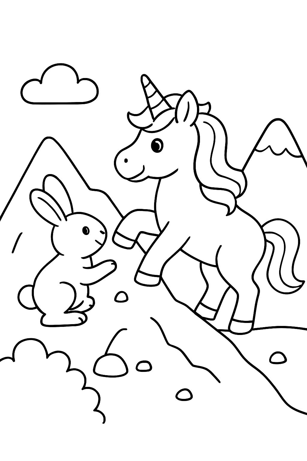 Ein Einhorn klettert in einen Berg mit einem kaninchen