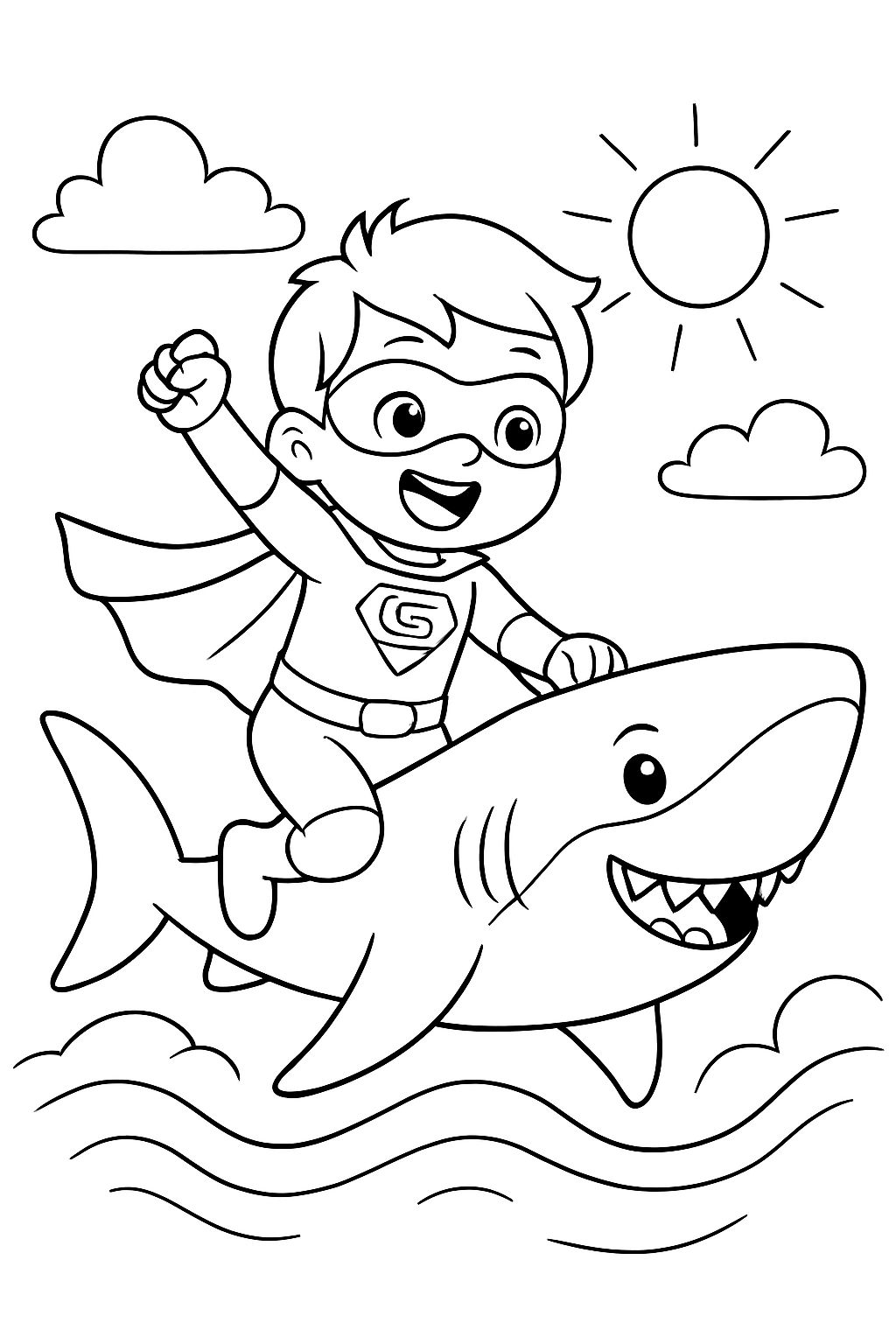4 year old in a superhero costume riding a shark