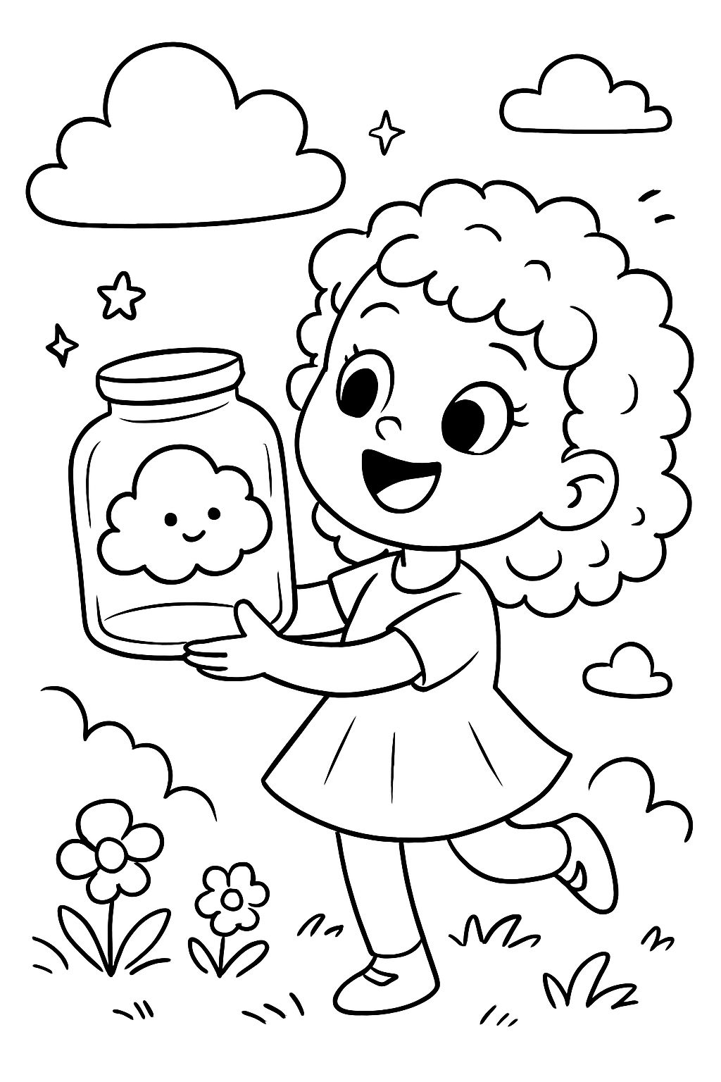 little girl with curly hair with a cloud in a jar