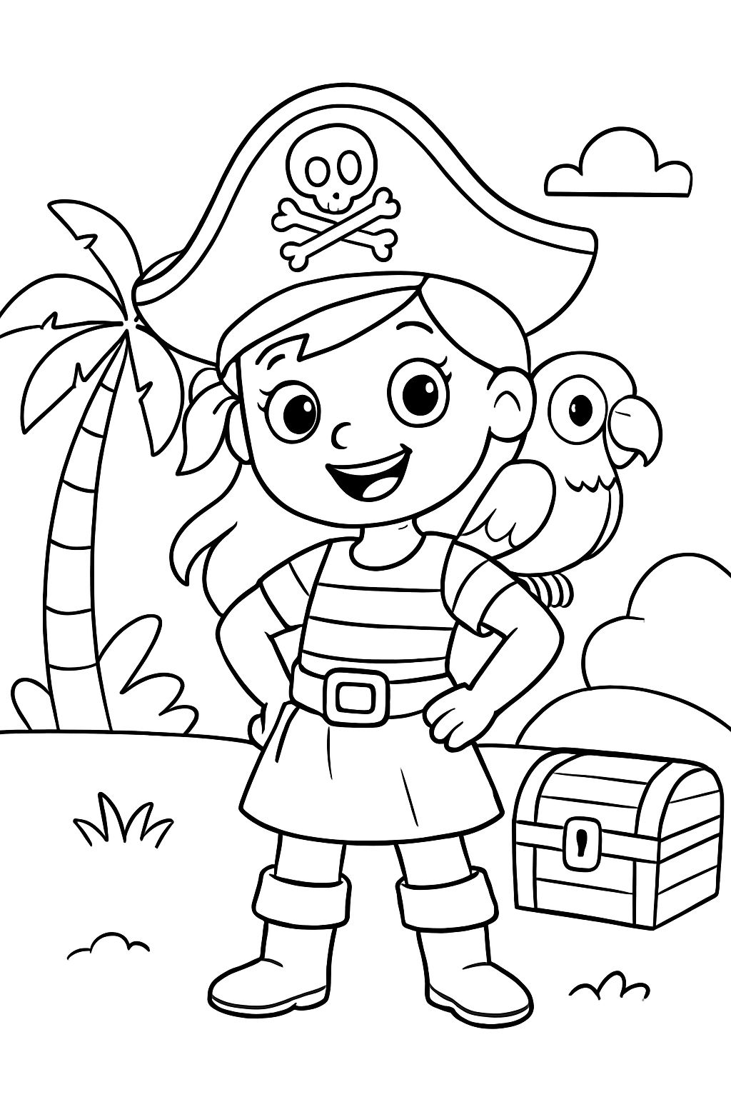 Ein süßes Piratenmädchen mit einem Papagei auf der Schulter. Sie steht. Ein süßes Piratenmädchen mit einem Papagei auf der Schulter. Sie steht.