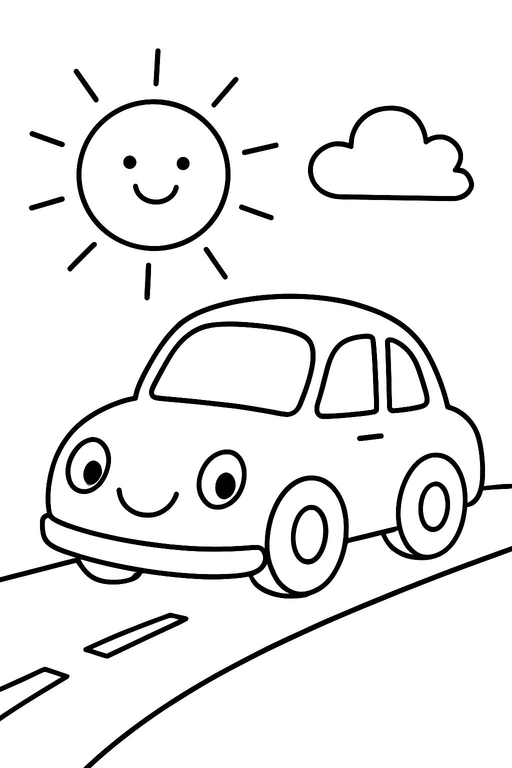 a smiling car driving down a sunny road
