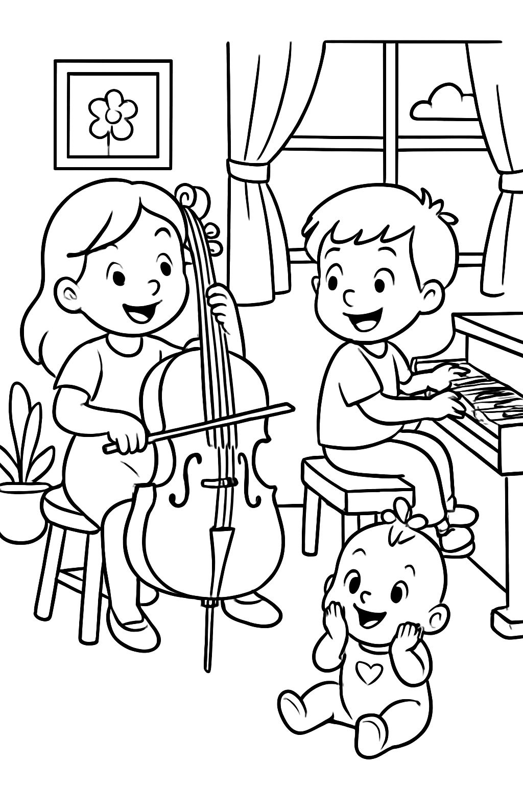 Older sister playing cello, brother playing piano and baby sister listening. Older sister playing cello, brother playing piano and baby sister listening.