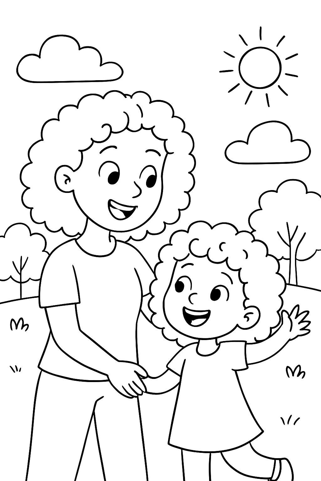 A mom with her 3-year-old daughter with curly hair.
