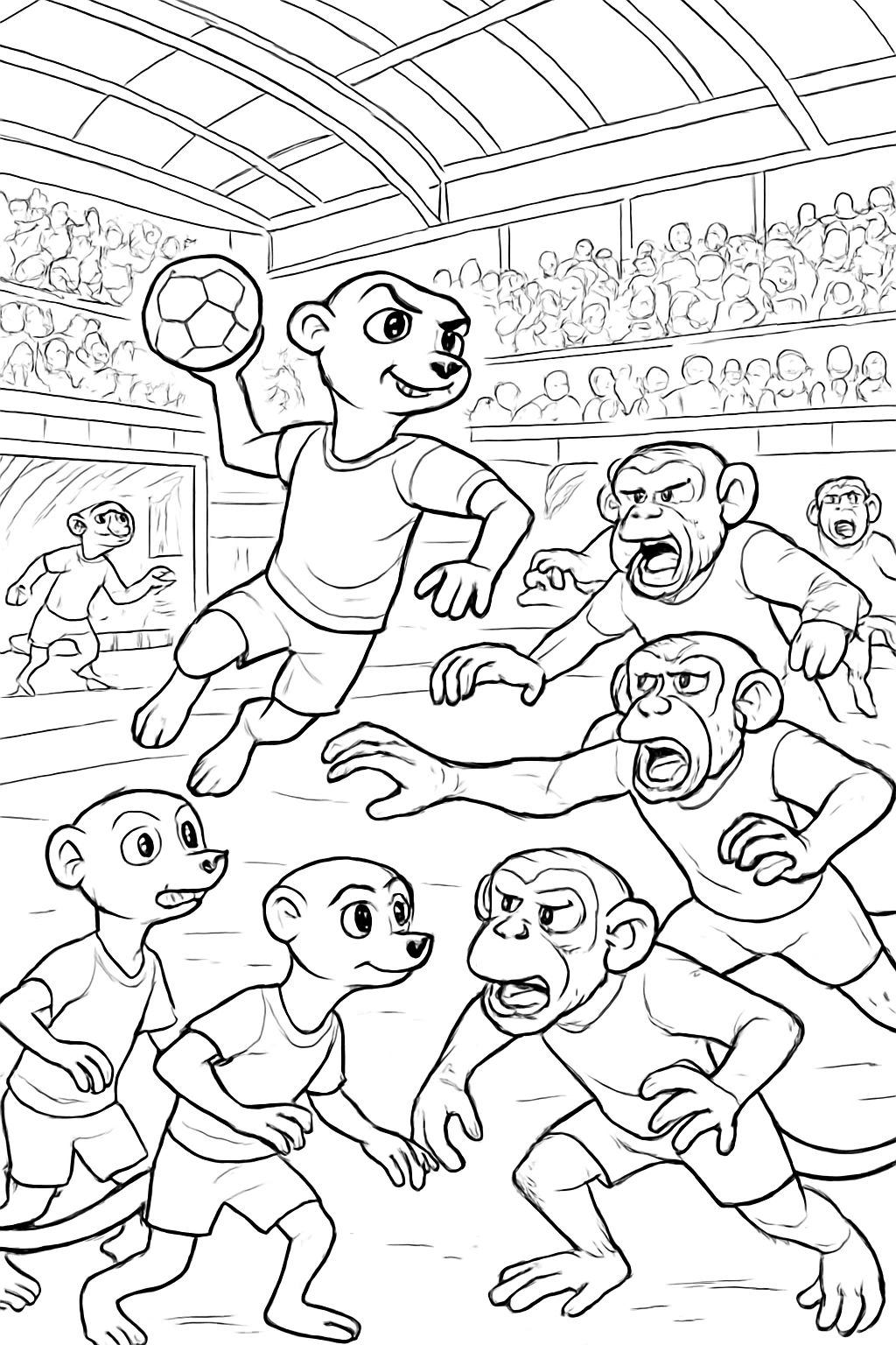 Um time de handebol composto por 7 suricatos está jogando em uma arena contra 7 chimpanzés.